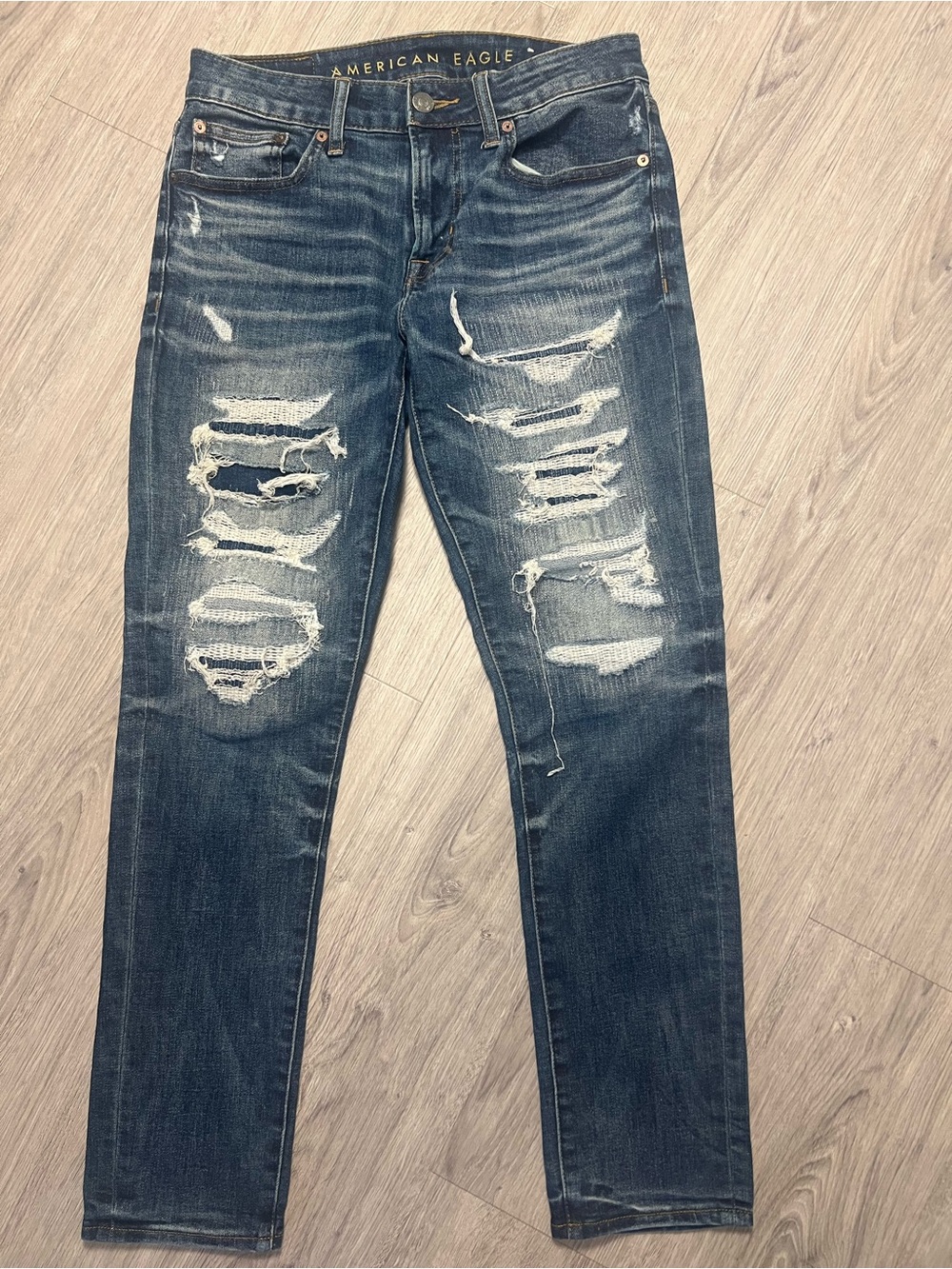 American Eagle Outfitters Men's Distressed Dark Indigo Slim Straight Jeans